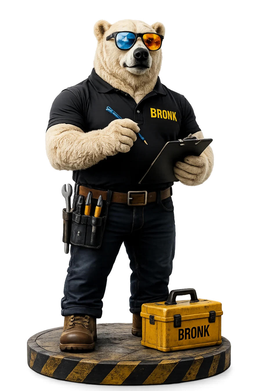 Eisbär der Bronk Handelsgesellschaft mit Klemmbrett und Werkzeug
